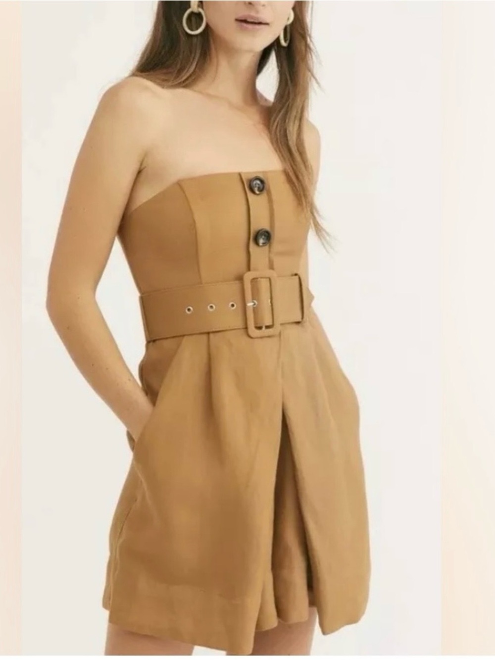 Shona Joy Gaia Bustier Belted Linen Brown Romper sz US2 $320